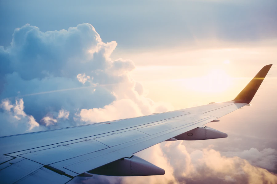 Commercial Flight Wing at Sunset